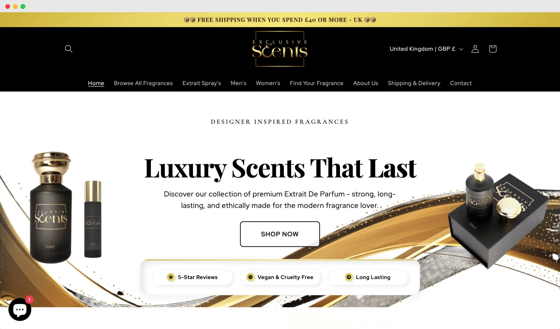 Exclusive Scents website mockup showing luxury fragrance e-commerce site