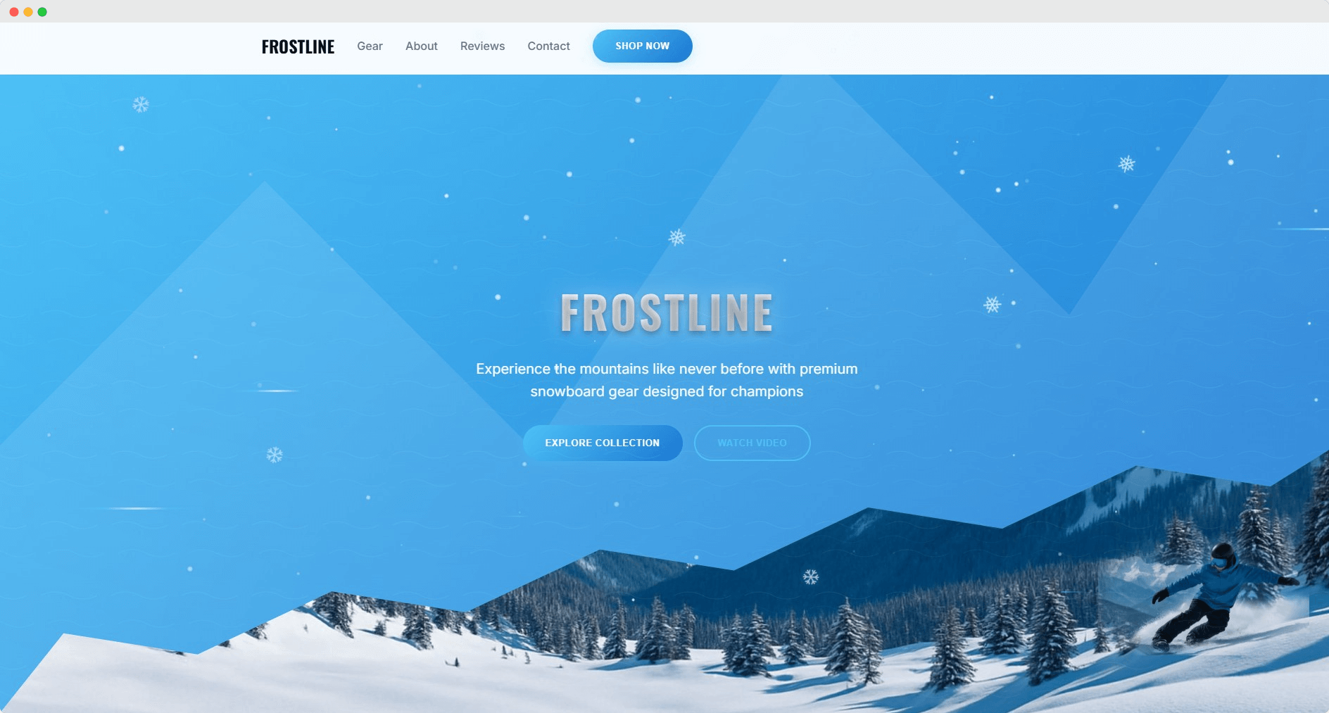 Frostline website mockup showing snowboard brand e-commerce site