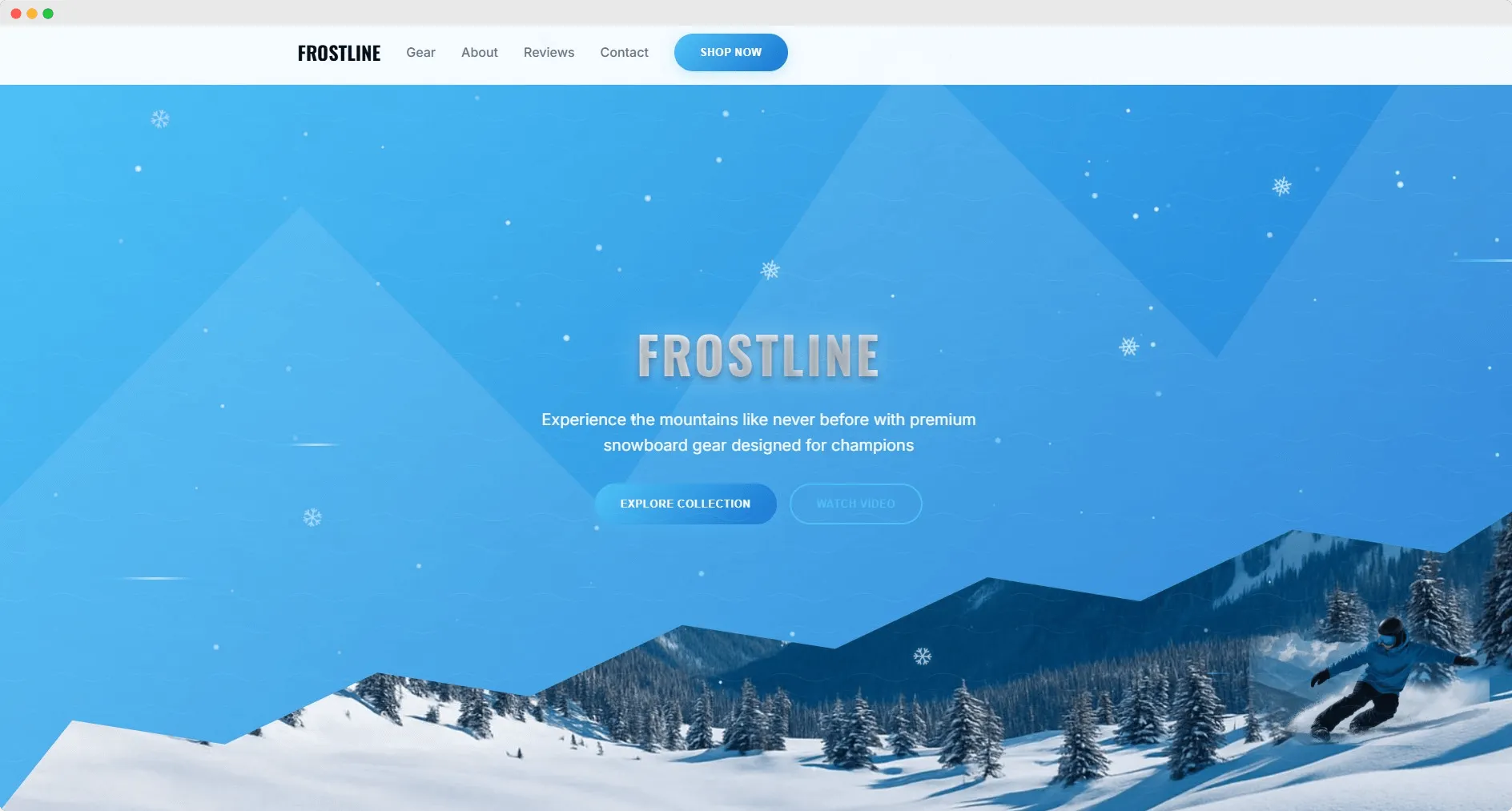 Frostline website mockup showing snowboard brand e-commerce site