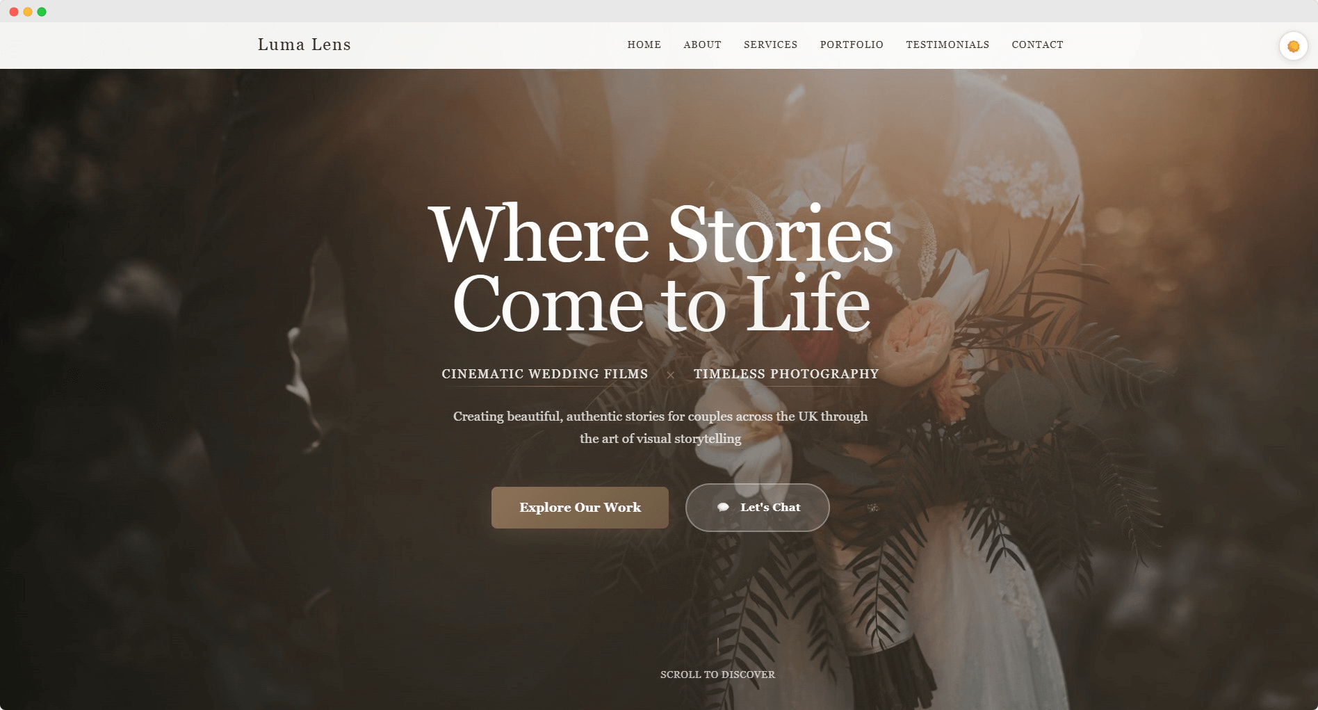 Luma Lens website mockup showing wedding photography site