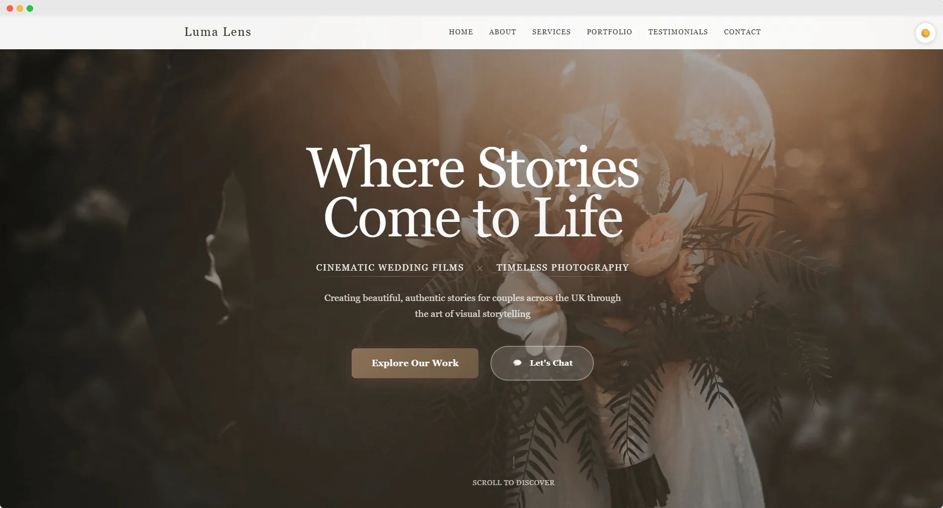 Luma Lens website mockup showing wedding photography site