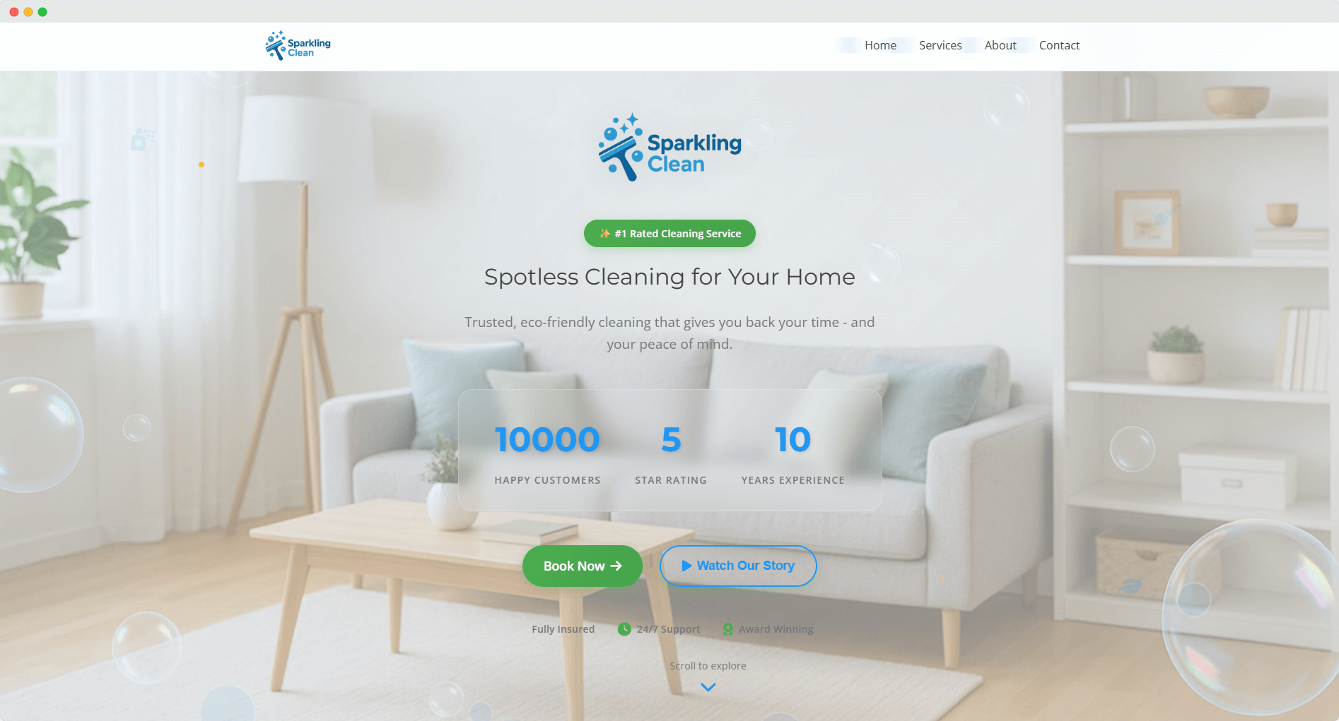 Sparkling Clean website mockup showing cleaning service site