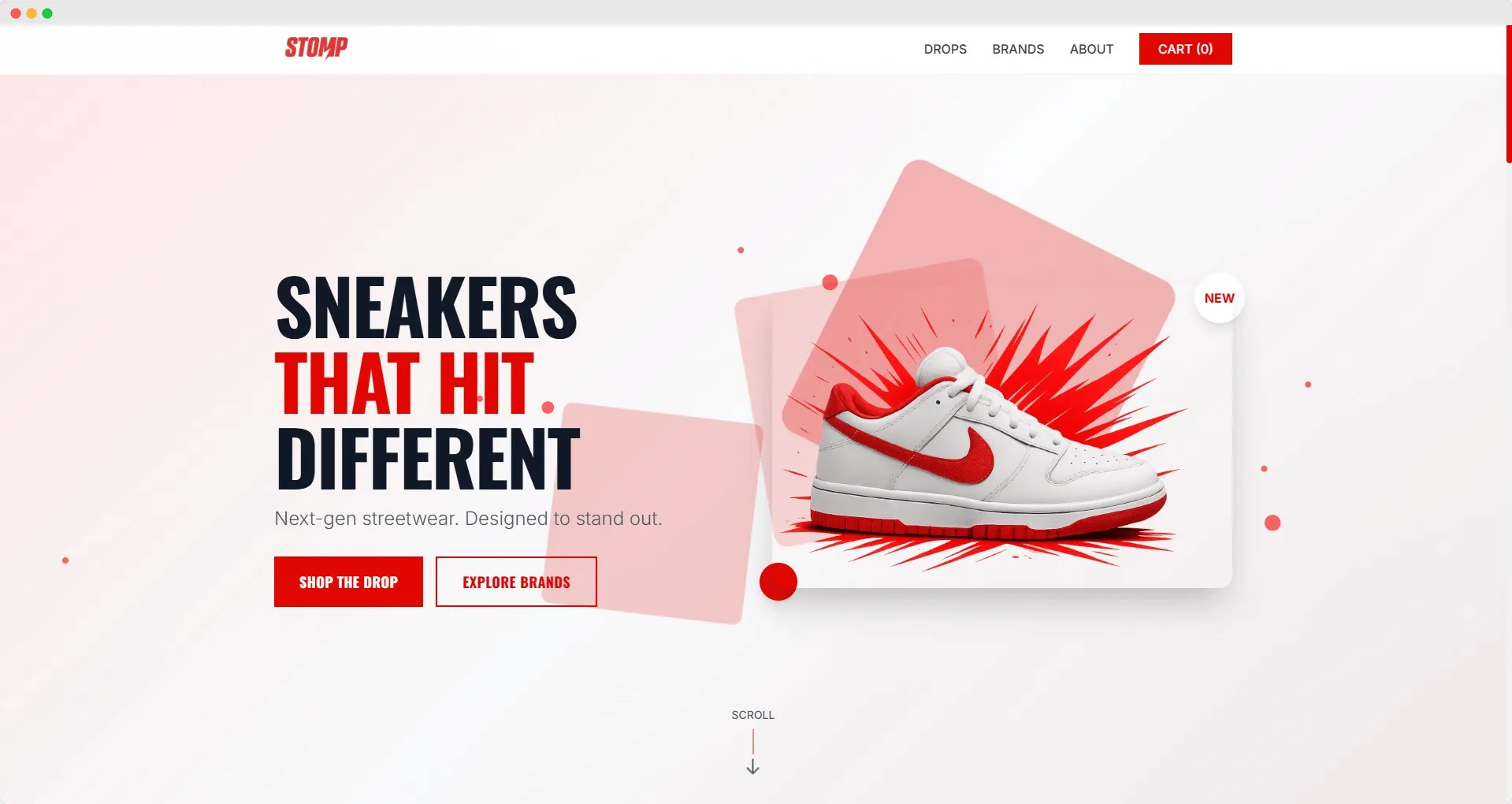STOMP sneaker website mockup showing modern streetwear e-commerce design